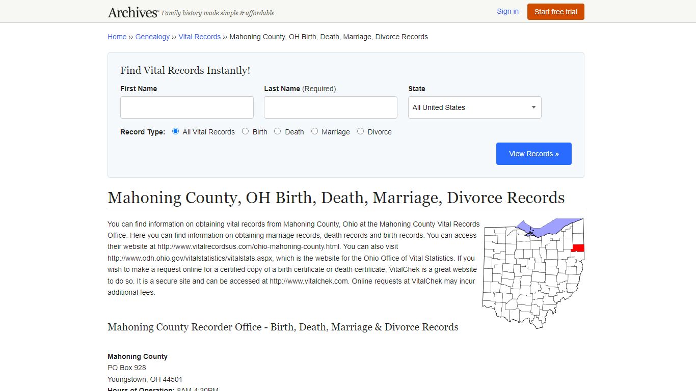 Mahoning County, OH Birth, Death, Marriage, Divorce Records - Archives.com